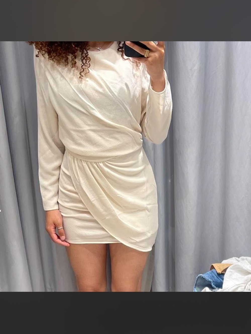 H&M Cream Draped Long-Sleeve Mini Dress